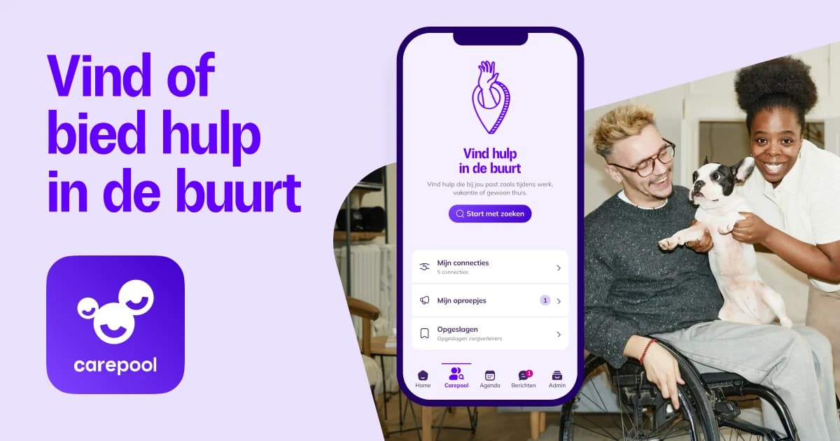 Vind of bied hulp in de buurt, met het Carepool-logo, het zoekscherm van de app en een foto van twee lachende mensen met een hond.