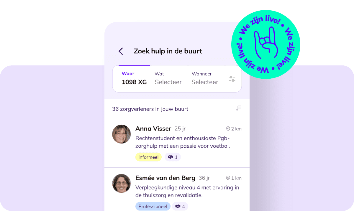 Het zoekscherm in de Carepool-app met een sticker: we zijn live.