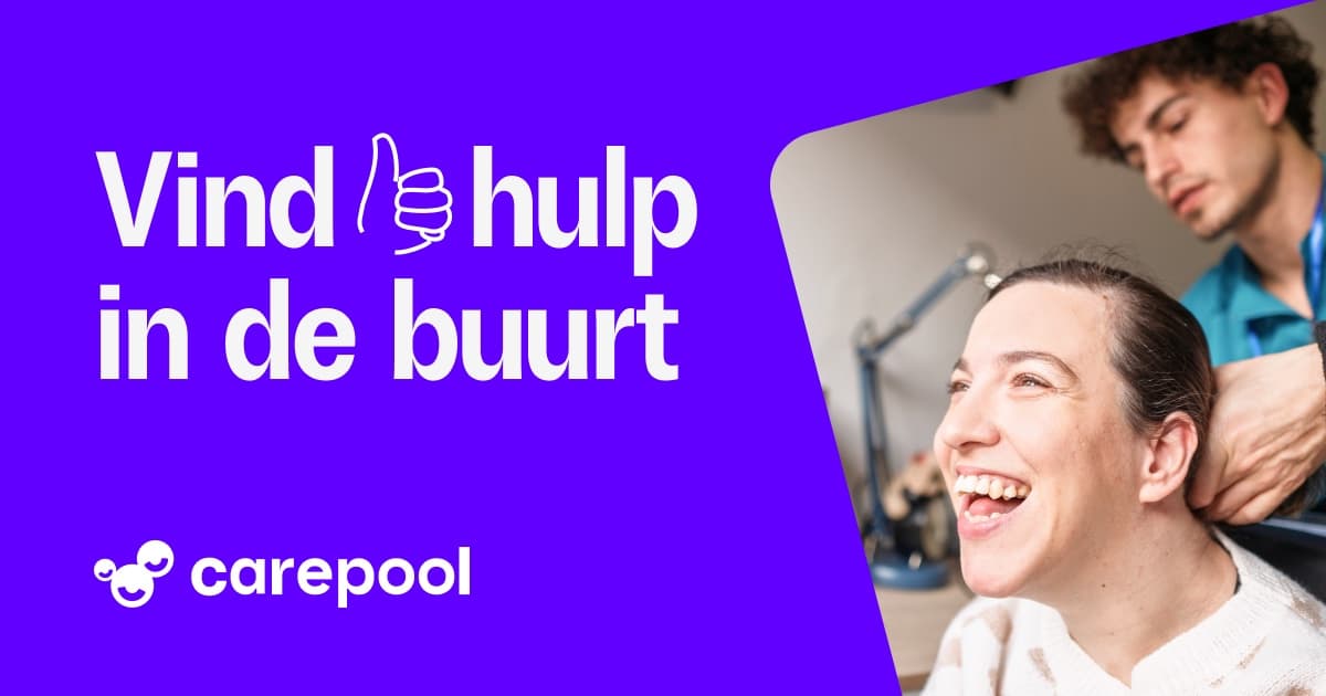 Vind hulp in de buurt, met het Carepool-logo en een foto van twee mensen.