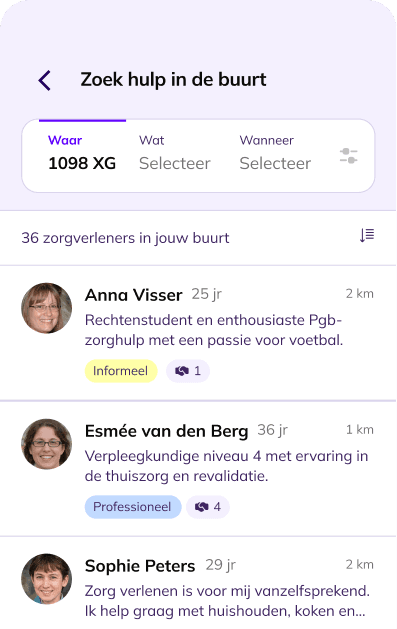De zoekfunctie in de Carepool-app: zorgverleners bij jou in de buurt